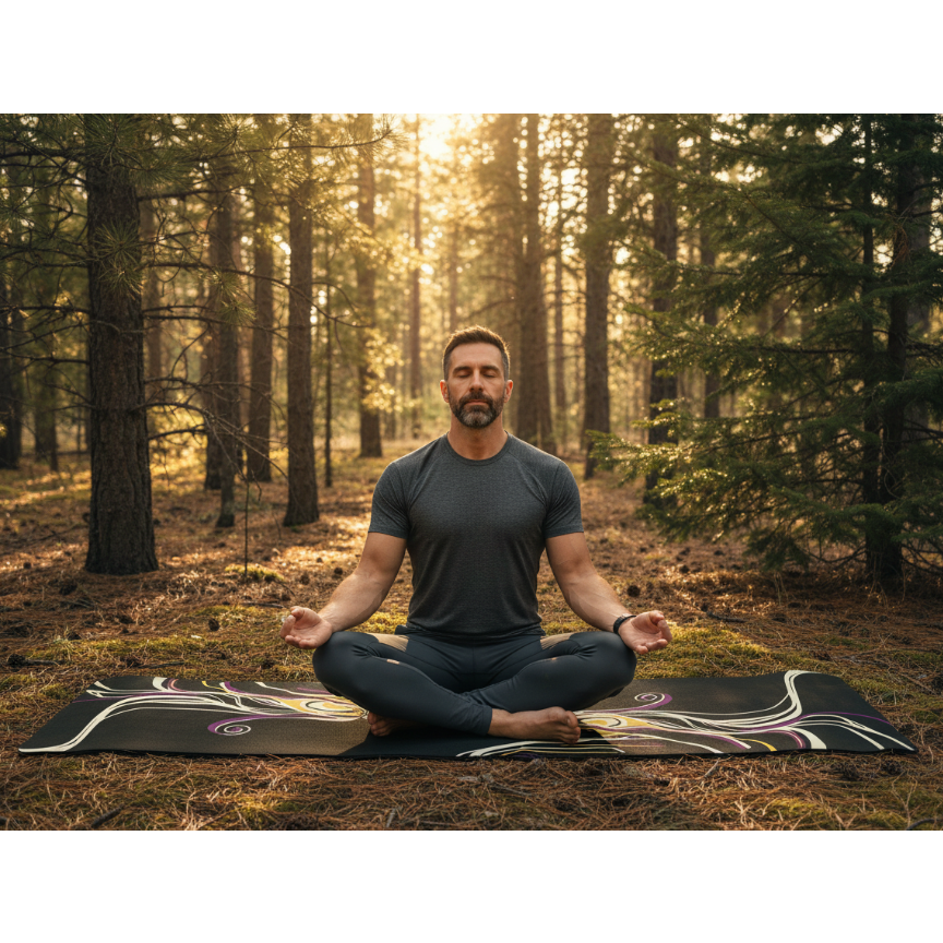 Man meditating cross-legged on the black Queen of Phoenix yoga mat in a sunlit pine forest