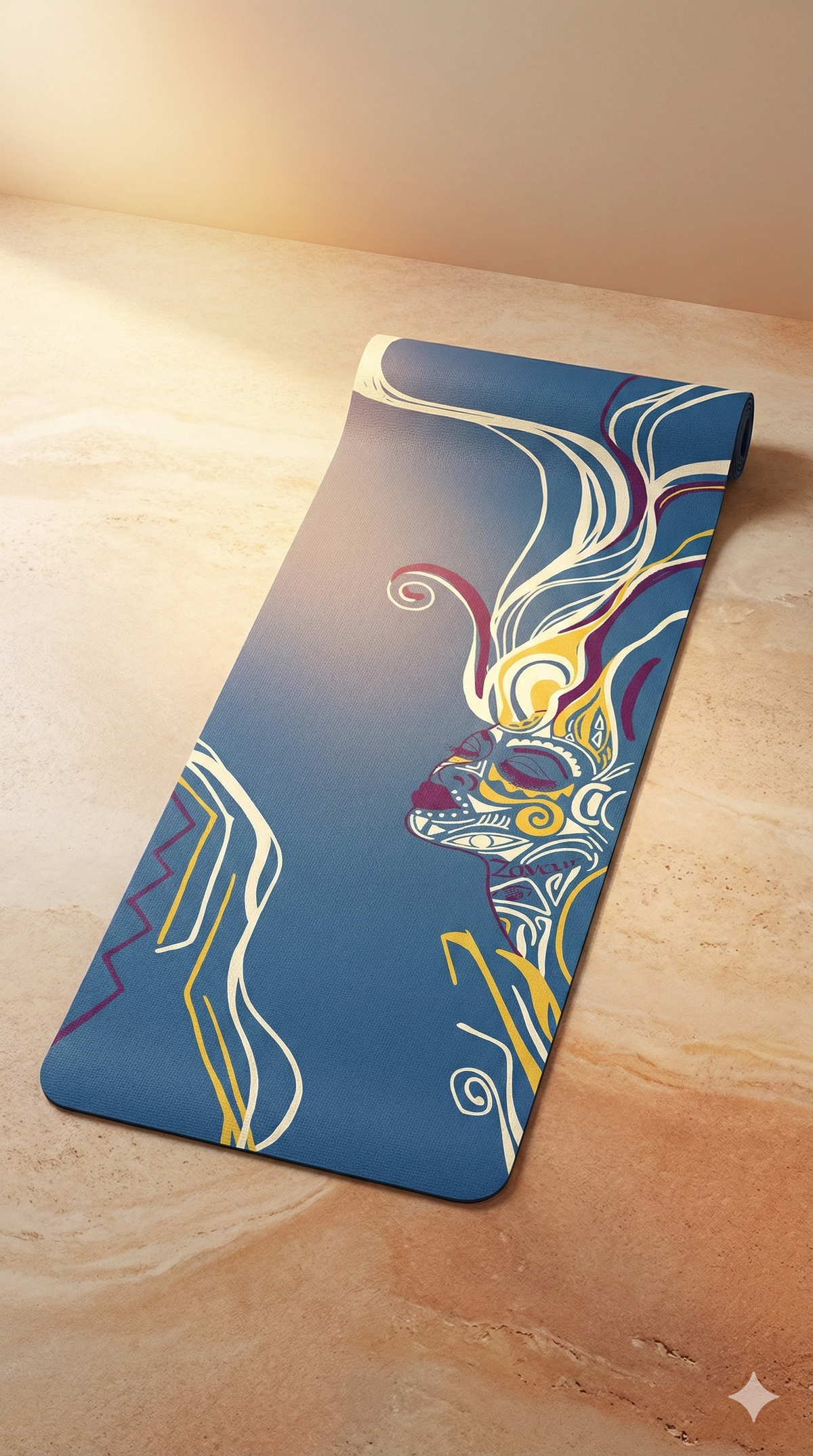 Zaveur blue non-slip yoga mat with burgundy yellow and cream artistic face pattern, rolled to show detail