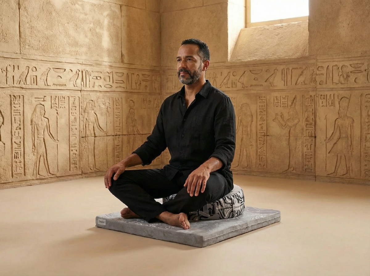 Man in black meditating on a grey Royal Court cushion and zabuton mat in a sandstone room with carved wall reliefs