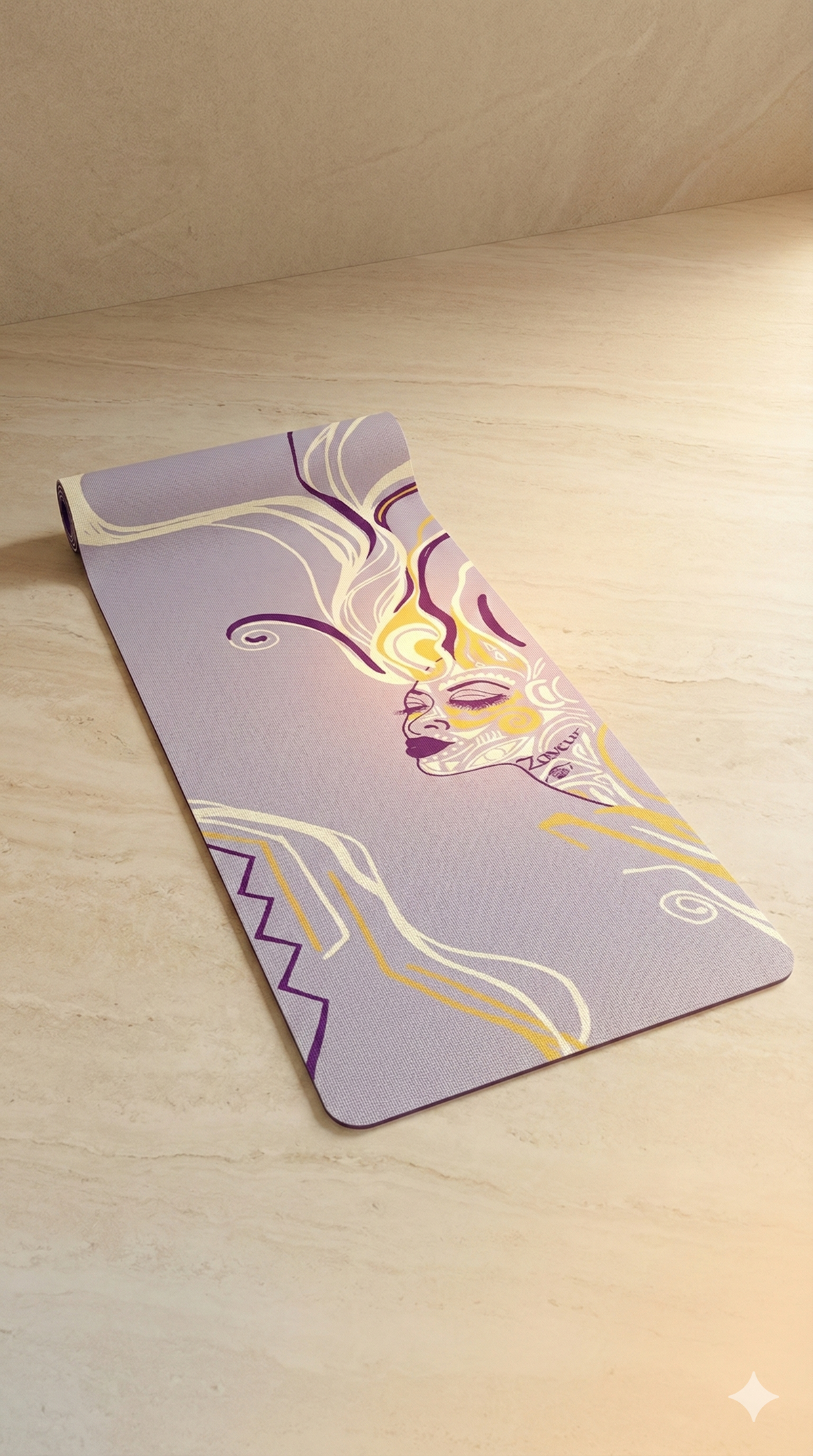 Lavender Queen of Phoenix yoga mat on a light stone floor, line-art face with purple and gold flowing hair