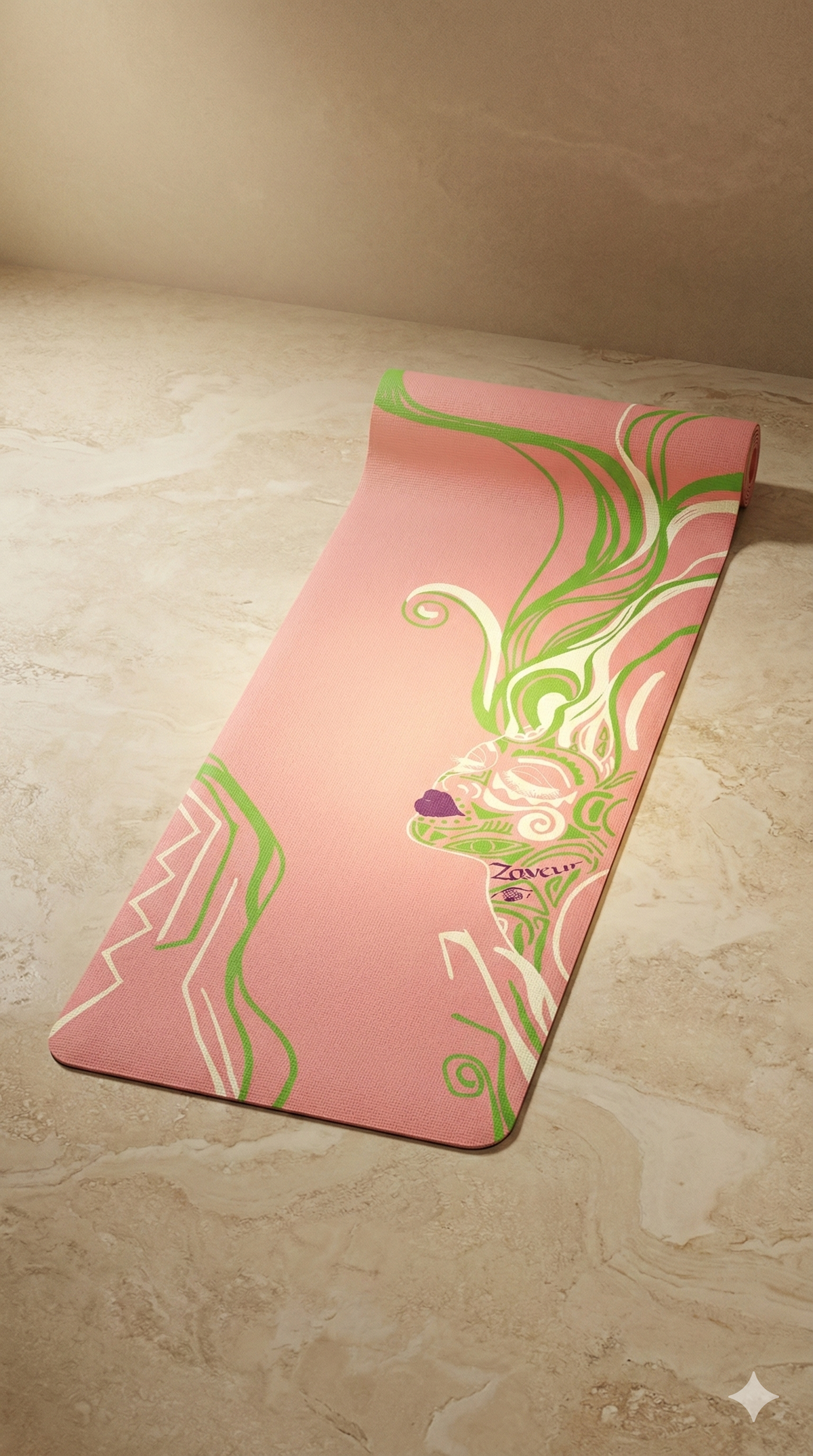 Blush pink Queen of Phoenix yoga mat on a stone floor, line-art face with green and cream flowing hair