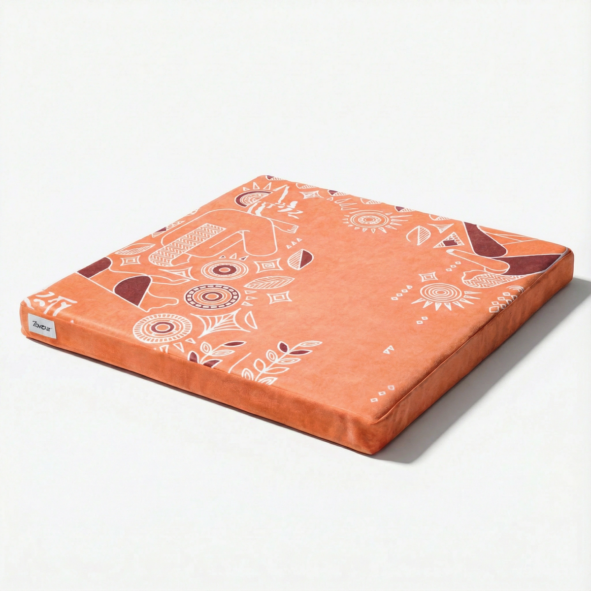 Royal Court 24 x 24 in zabuton meditation mat in terracotta orange with white line-art figures, suns and leaves
