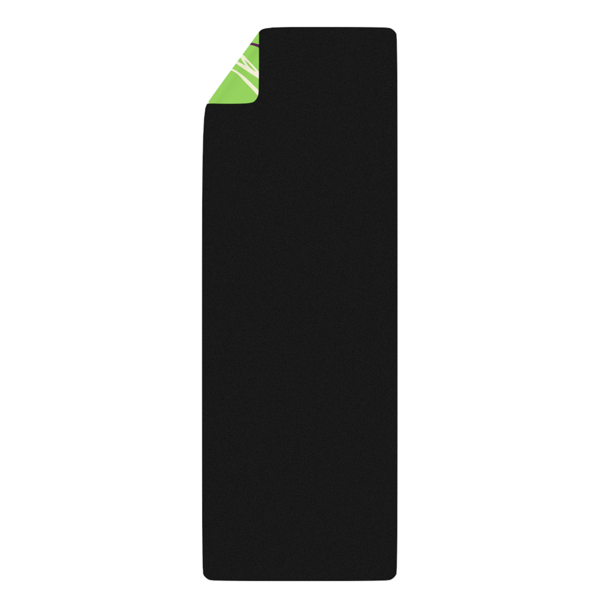 Black underside of a Queen of Phoenix yoga mat with the top corner folded over to show the green printed side