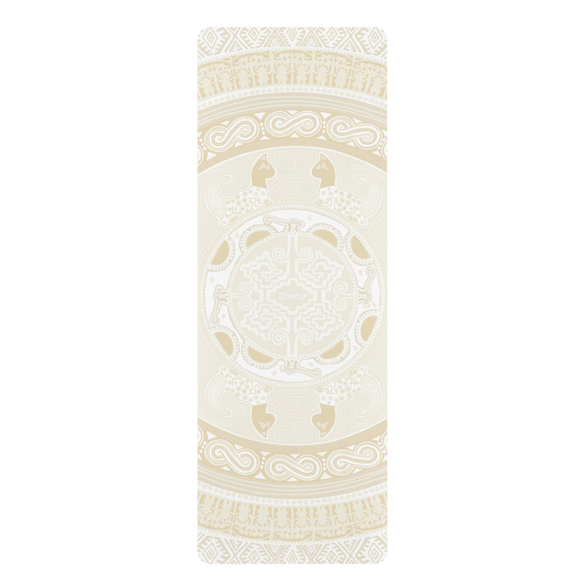 Colombian Dreams beige yoga mat laid flat with a cream mandala pattern, line-art cats and Zaveur logo