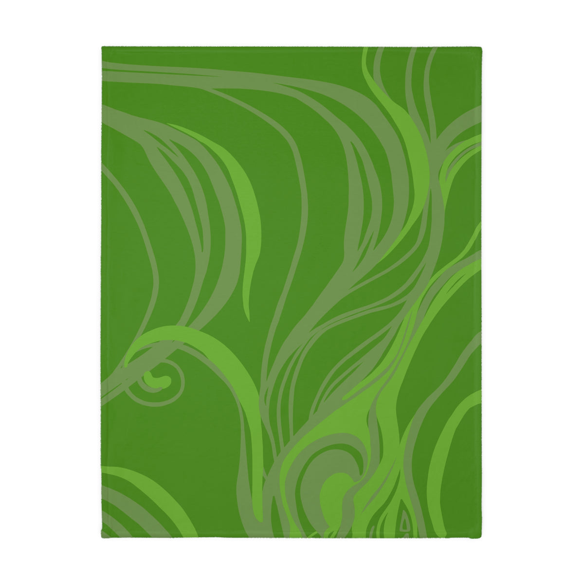 Reverse of the Queen of Phoenix lime blanket in deep forest green with flowing lime and grey-green lines, laid flat