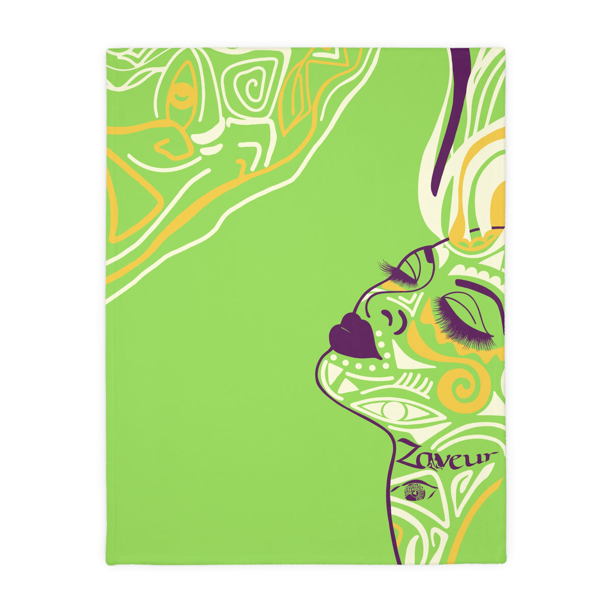 Lime green Queen of Phoenix velveteen blanket laid flat, purple and gold line-art face in profile with eyes closed