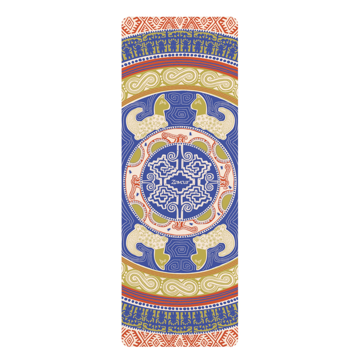 Colombian Dreams Mandala Circle yoga mat laid flat in blue, olive gold and red with a Zaveur center medallion