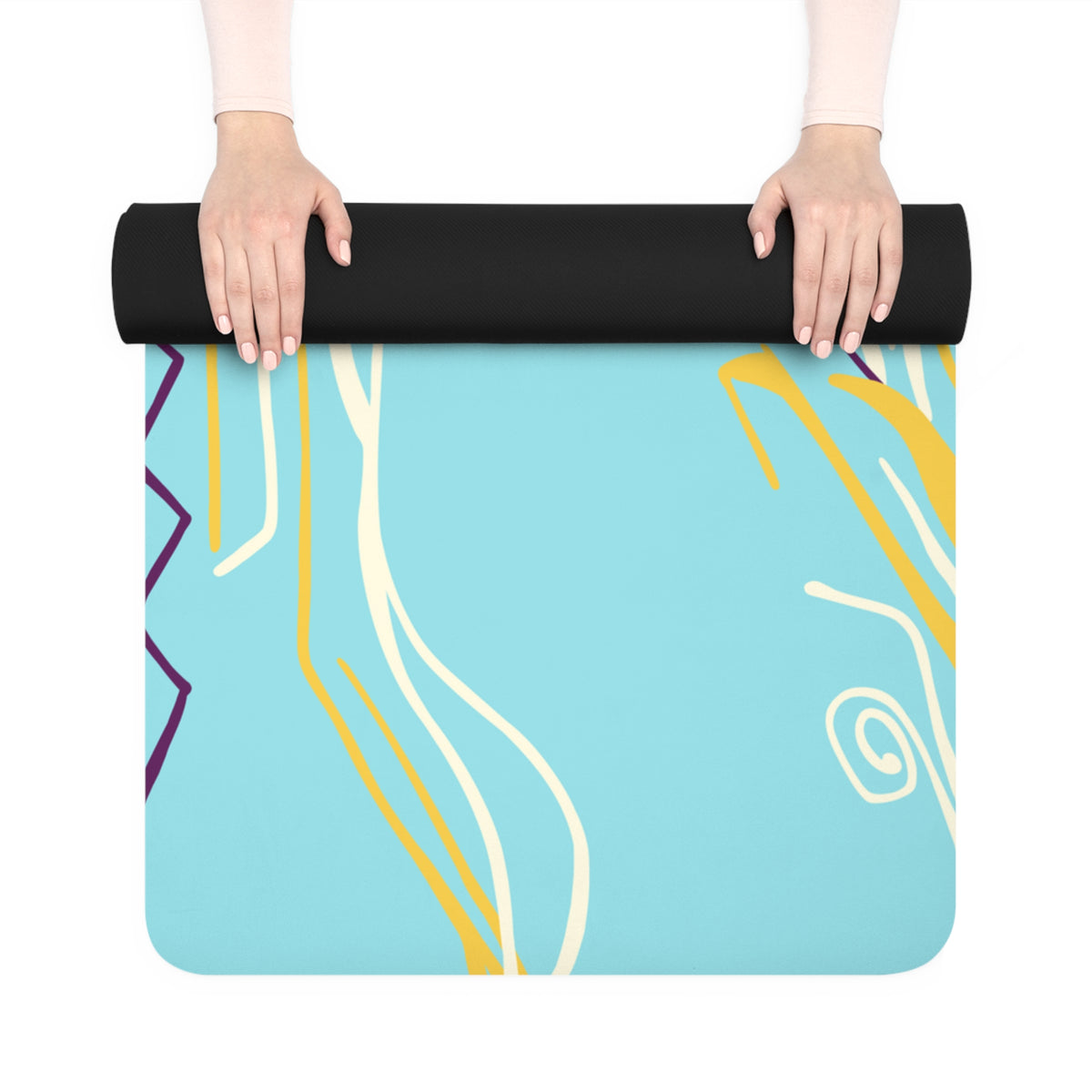 Hands unrolling a Queen of Phoenix turquoise yoga mat, black rubber underside rolled at the top