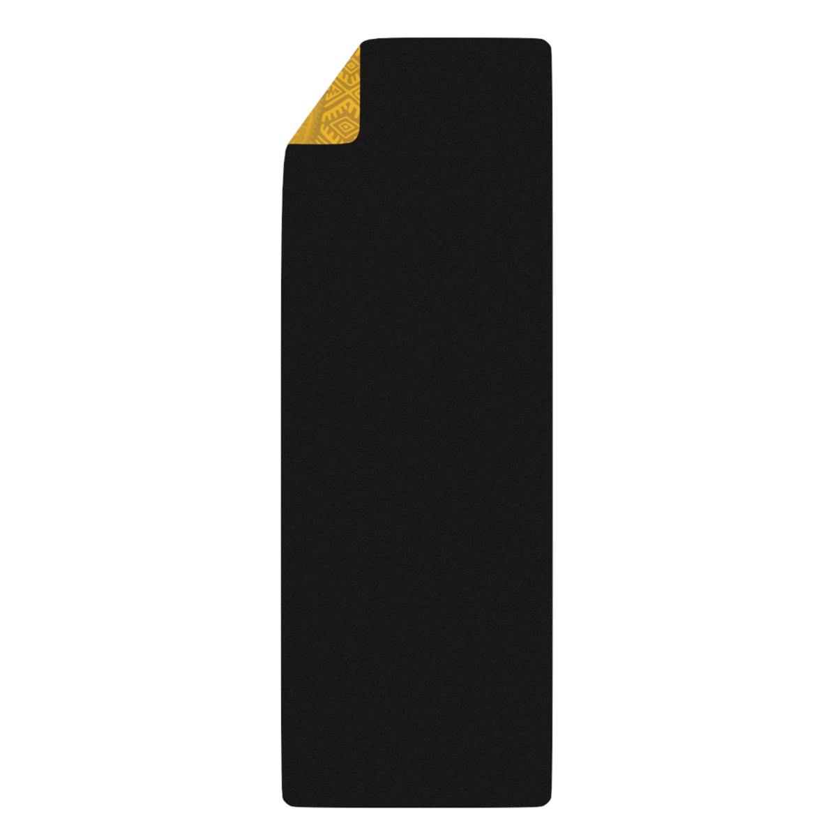Black back side of the Colombian Dreams golden mandala yoga mat with one corner folded to show the gold print