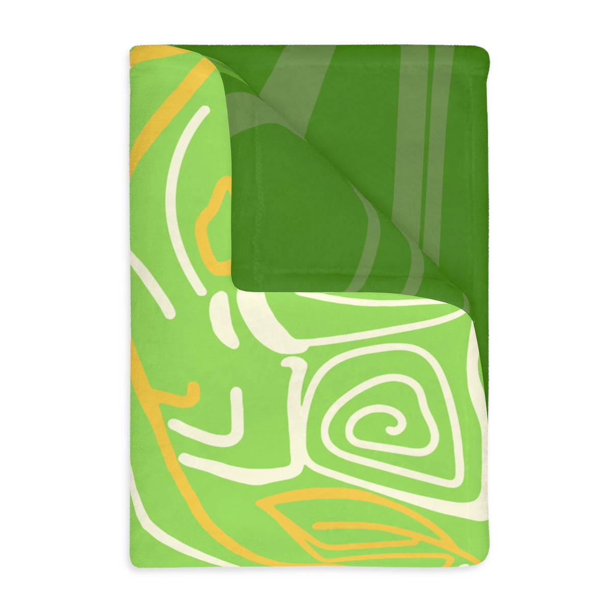 Folded lime green Queen of Phoenix blanket, corner turned back to show the forest green reverse, cream line art