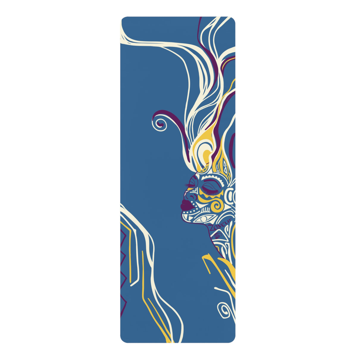 Queen of Phoenix blue rubber yoga mat flat, profile line-art face with flowing yellow, cream and purple hair