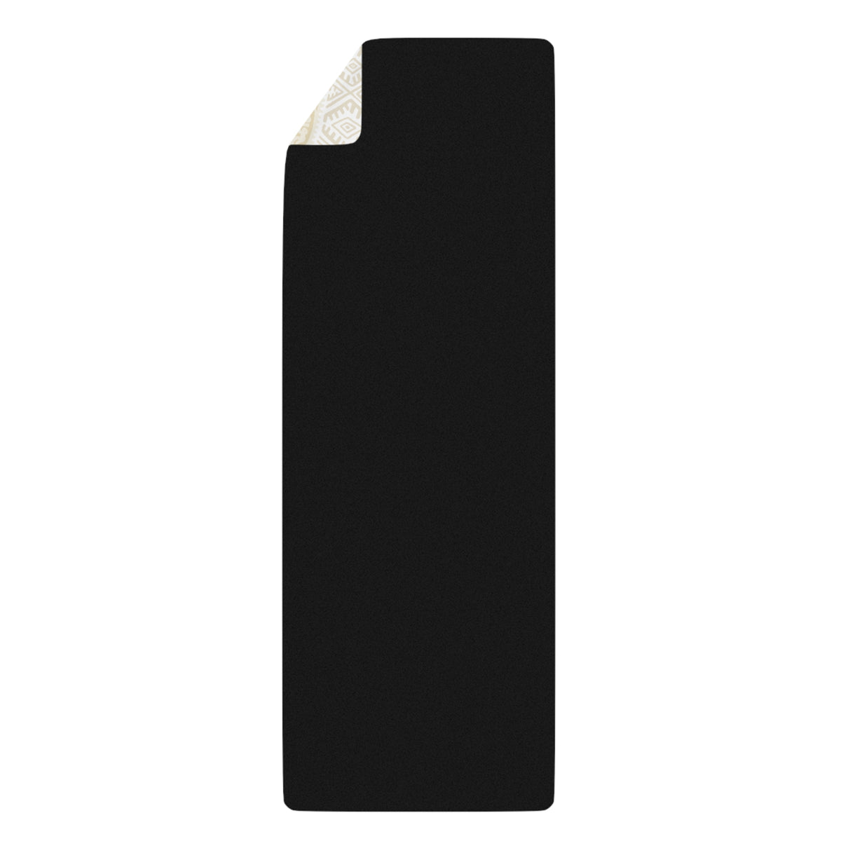 Back of the Colombian Dreams yoga mat in black rubber with a corner turned to show the beige print
