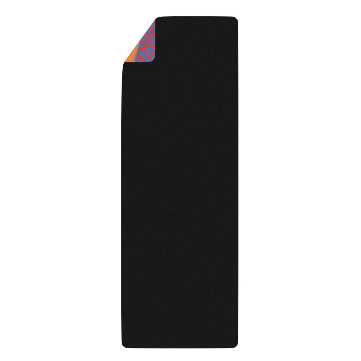 Black back side of the Colombian Dreams Mandala Tigers yoga mat with a folded corner showing the orange and blue print