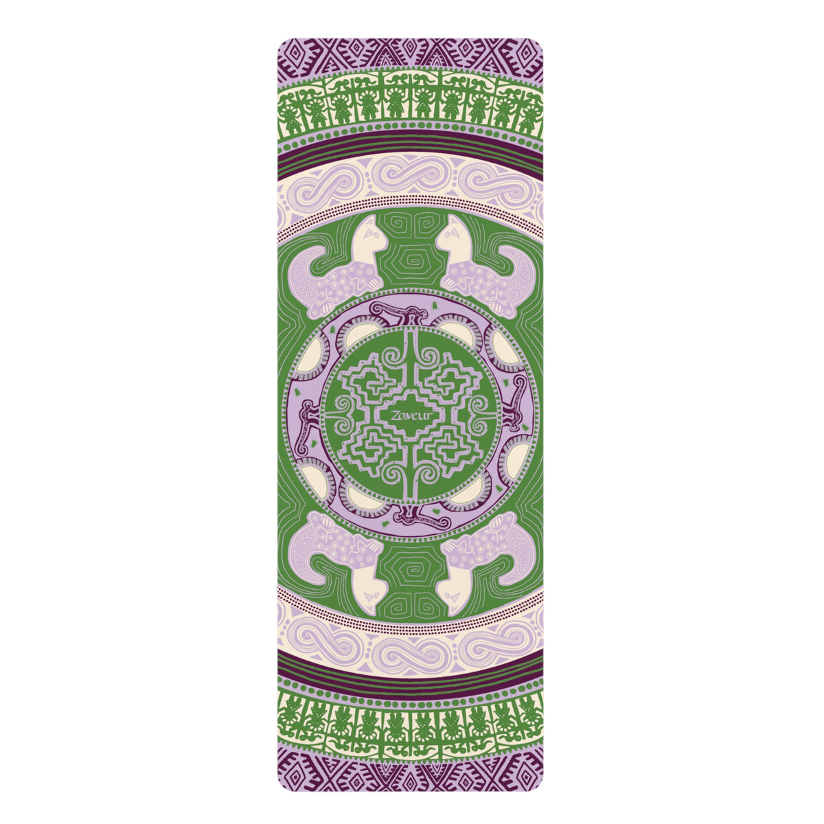 Colombian Dreams Mandala Cats yoga mat laid flat in green, lilac and plum with cat motifs around a Zaveur center