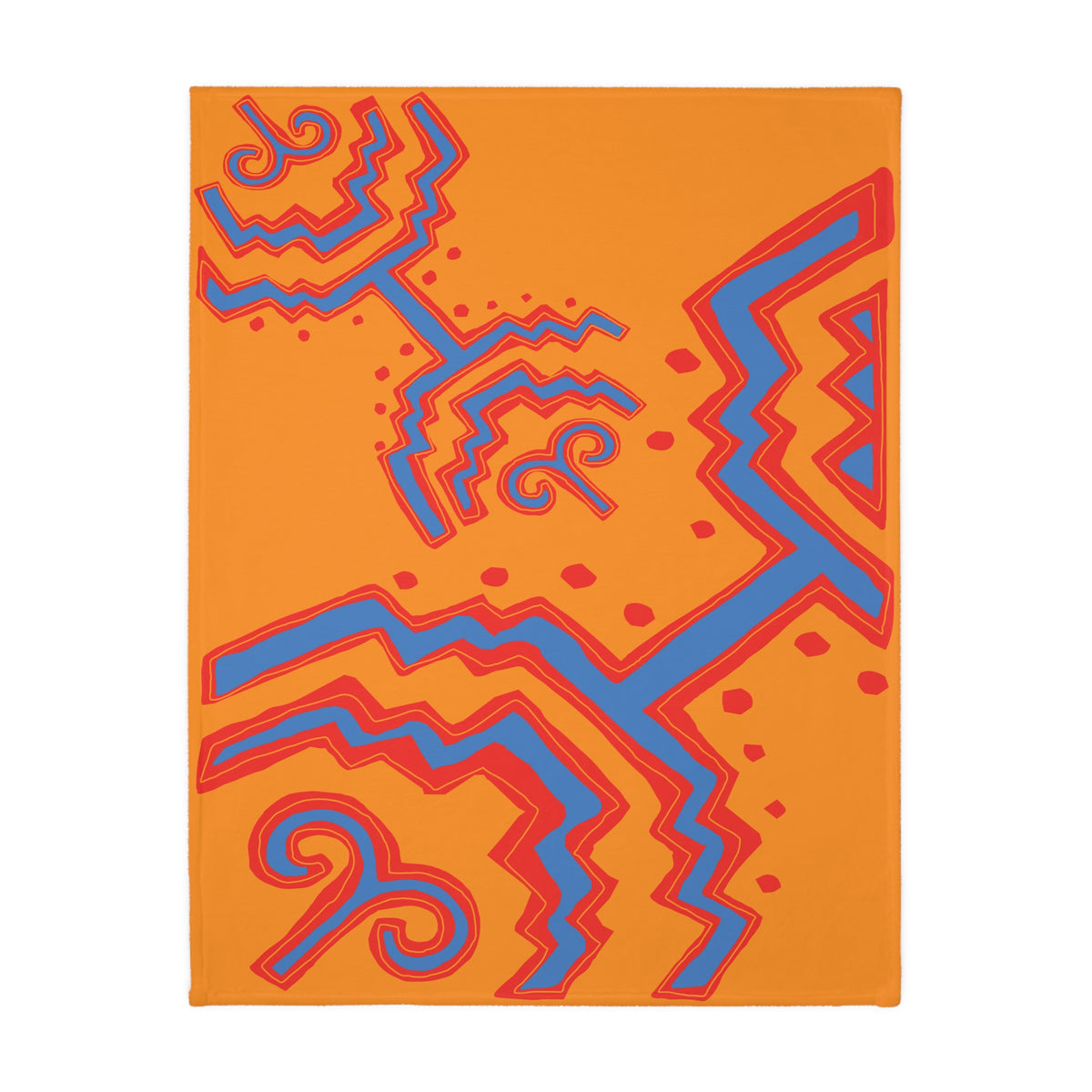Colombian Dreams blanket back side laid flat, orange with blue and red zigzag and swirl motifs