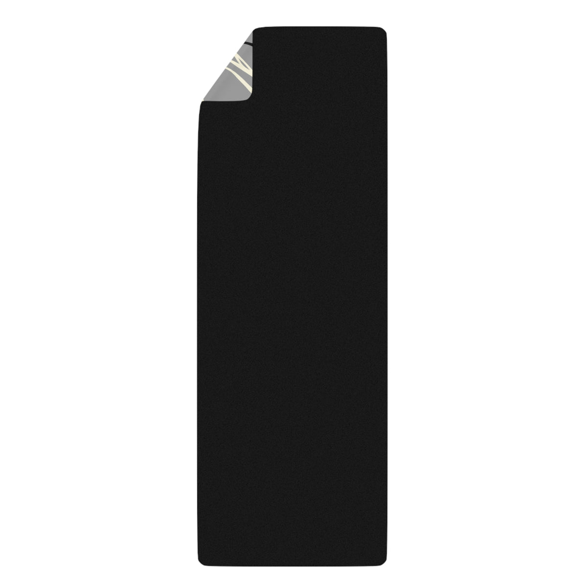 Black rubber back side of the Queen of Phoenix yoga mat with one corner folded to show the grey printed top