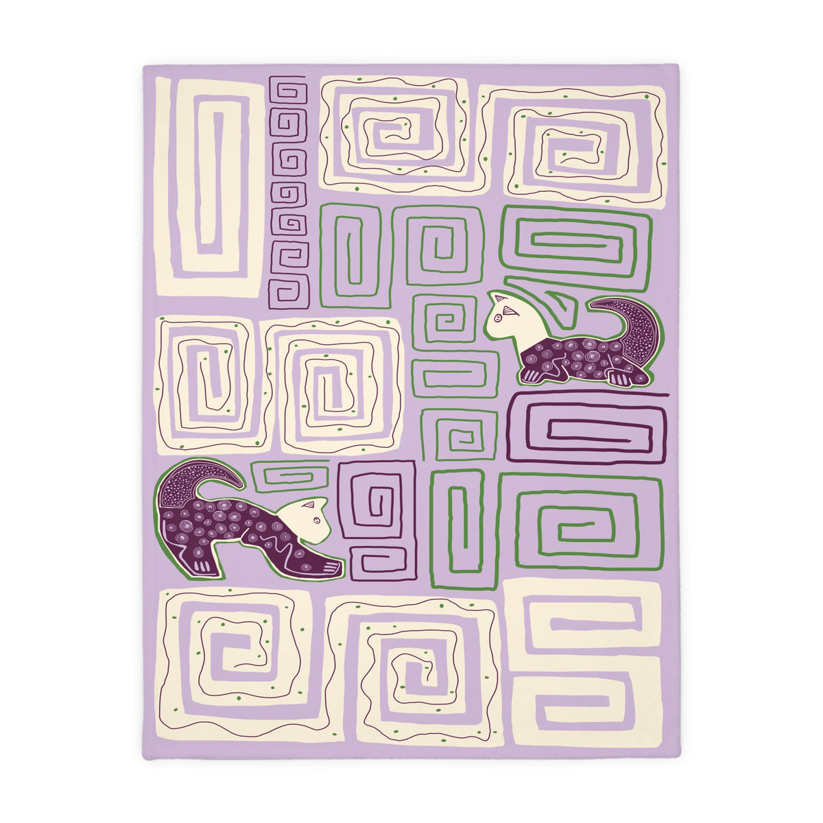 Colombian Dreams blanket flat view with two purple spotted cats among cream, green and lilac square spiral patterns