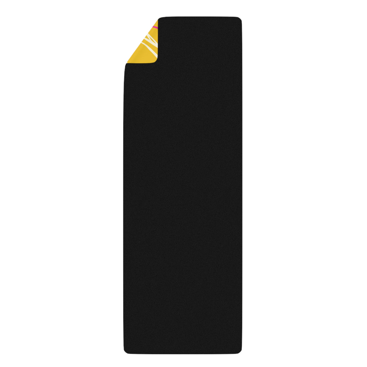 Black rubber back side of the yellow Queen of Phoenix yoga mat with one corner folded to show the printed top