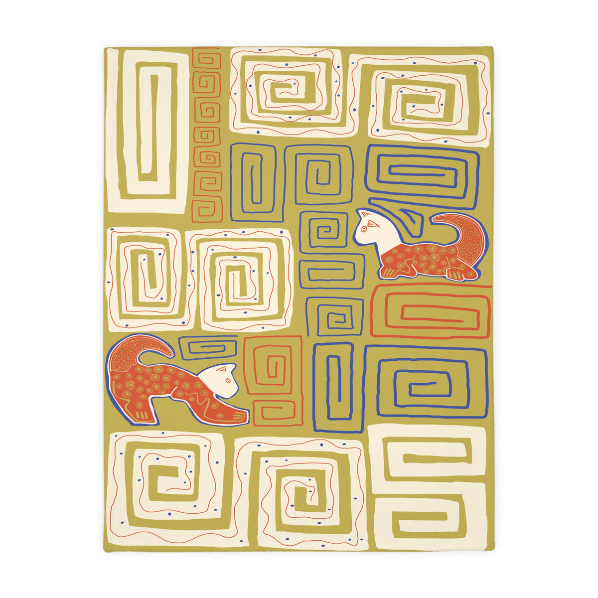 Colombian Dreams blanket laid flat, two orange cats among cream, blue and orange square spirals on olive green