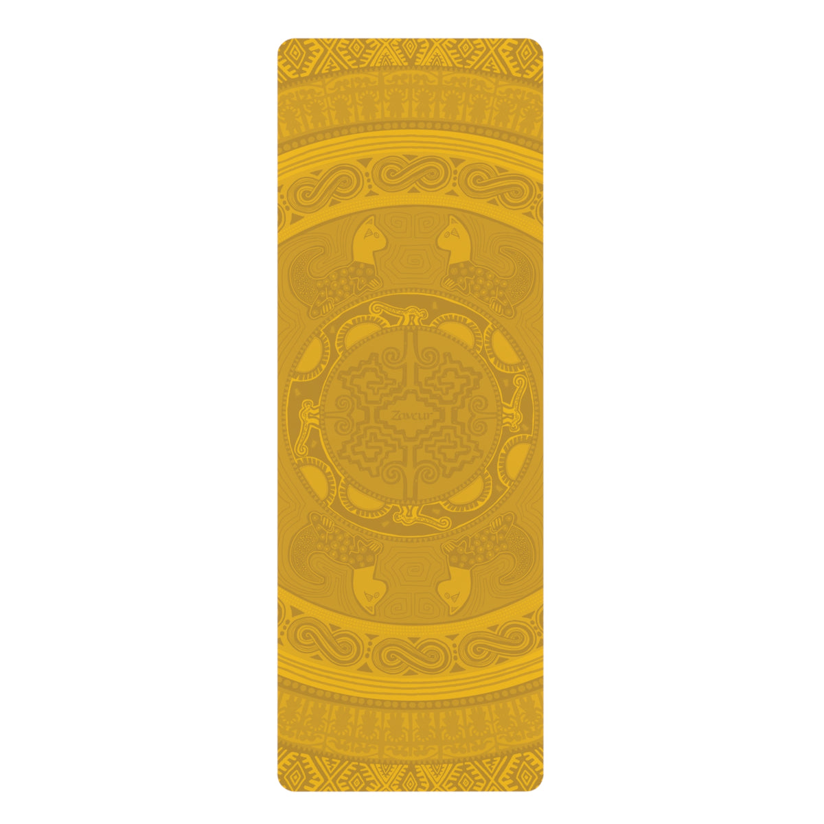 Colombian Dreams golden yellow yoga mat laid flat with a tone-on-tone mandala pattern and Zaveur logo