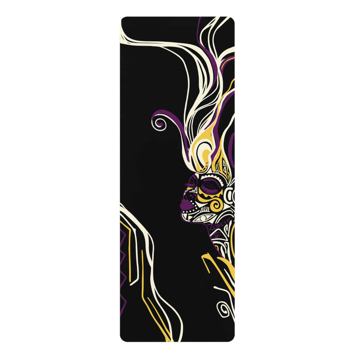 Queen of Phoenix black rubber yoga mat flat, line-art face in profile with yellow, purple and cream hair
