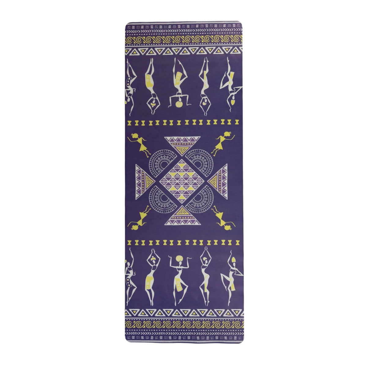 Dancing Ladies PU yoga mat in deep purple with cream and yellow dancing figures and triangle border bands