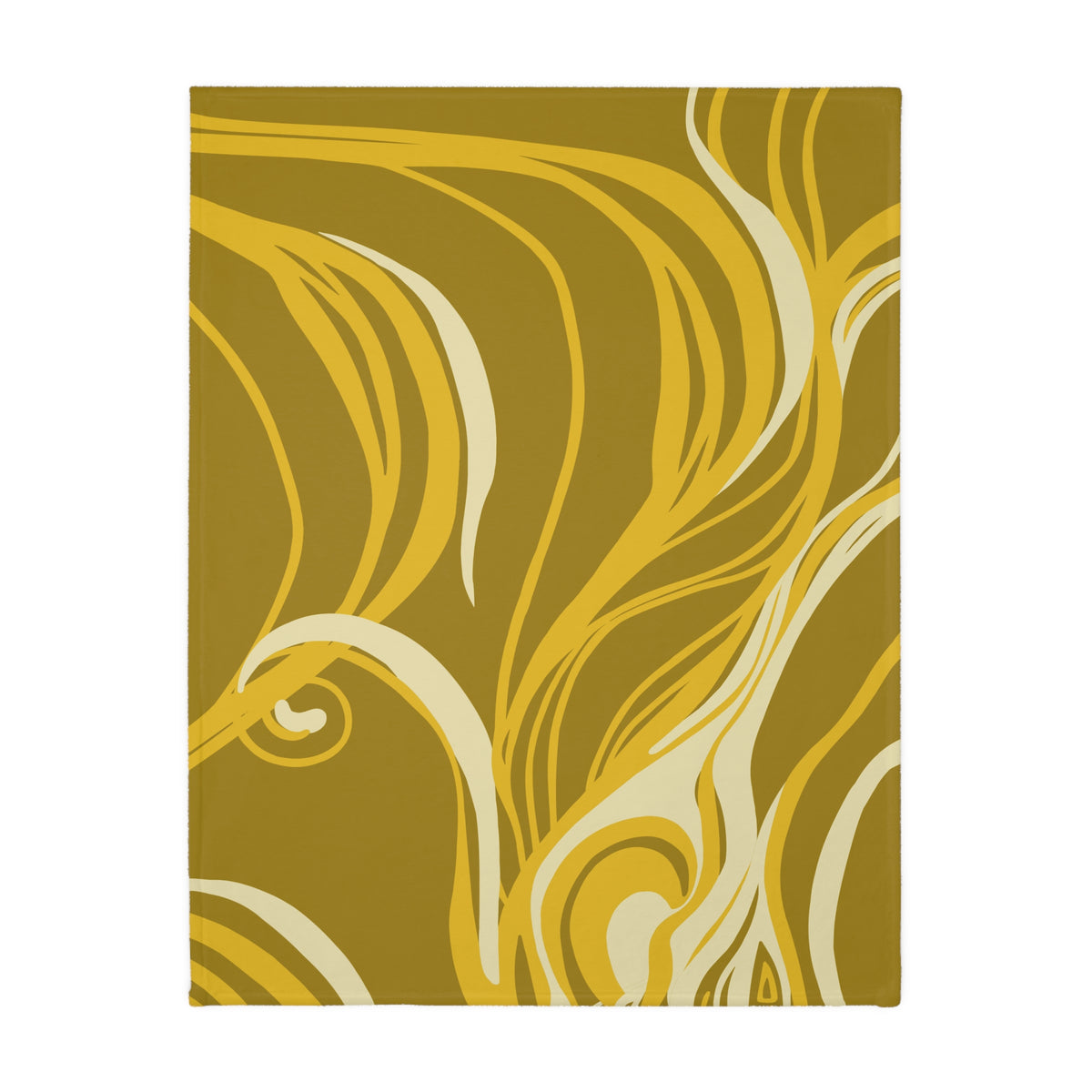 Reverse of the Queen of Phoenix yellow blanket in deep mustard with flowing golden and cream lines, laid flat