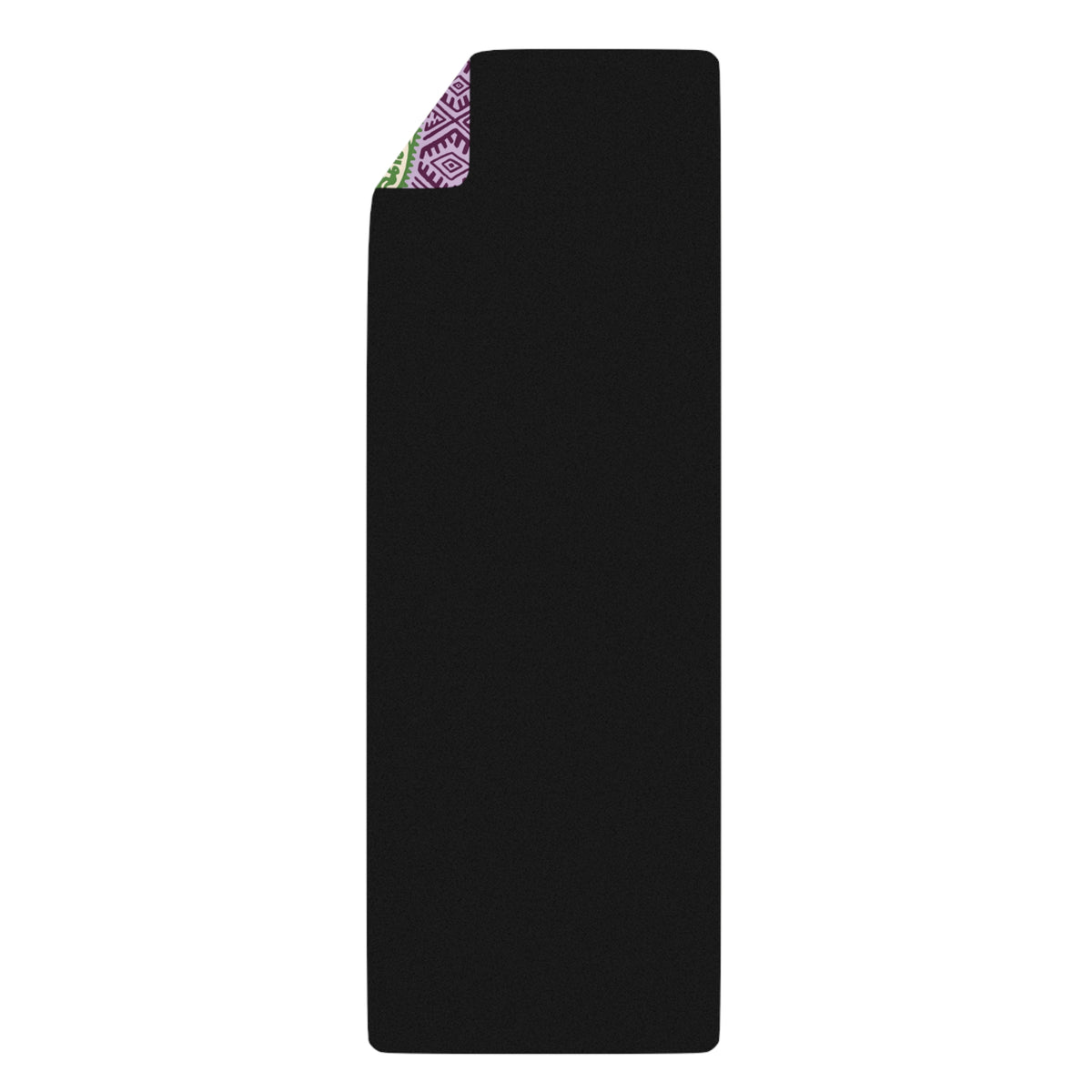 Black back side of the Colombian Dreams Mandala Cats yoga mat with a folded corner revealing the lilac and plum print