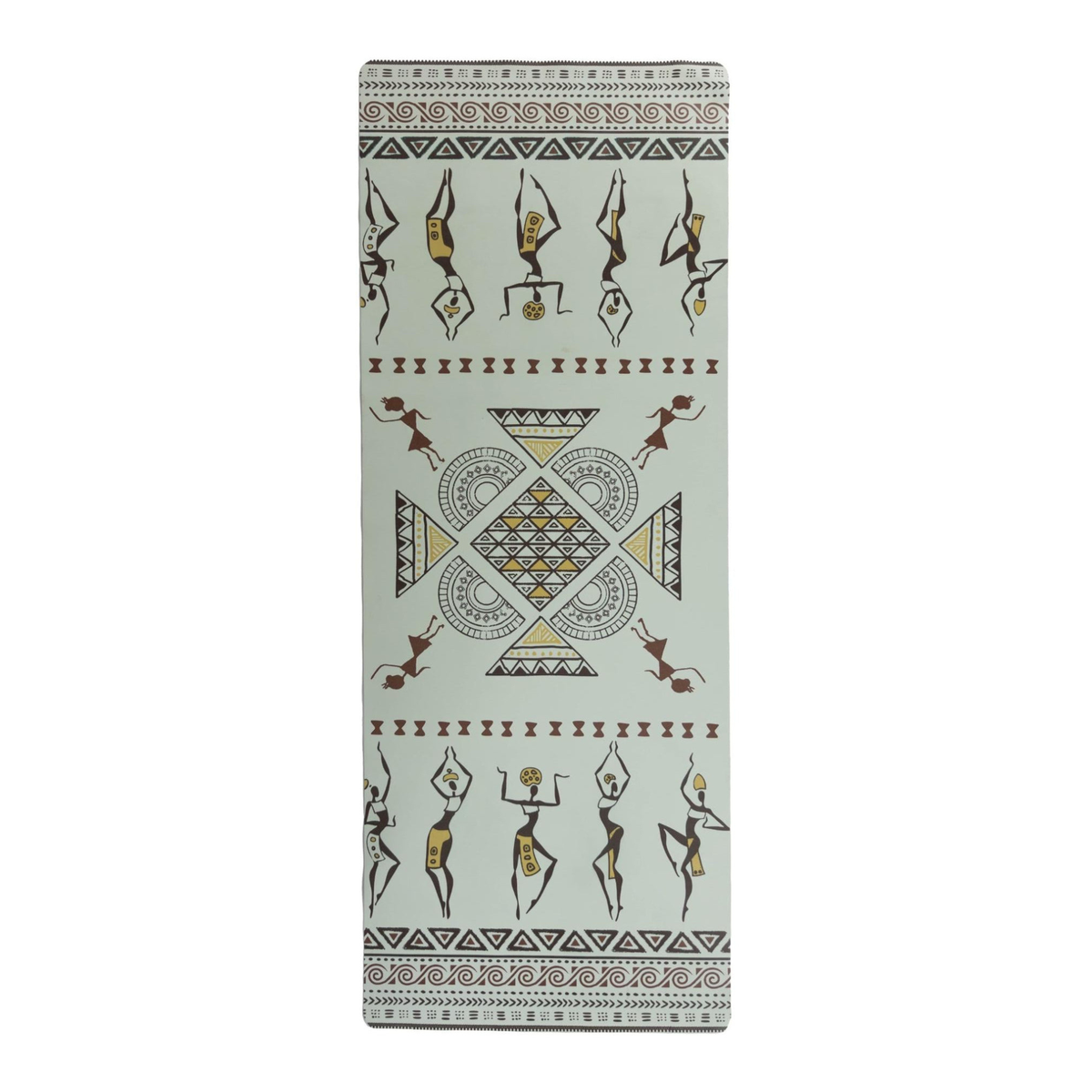 Dancing Ladies PU yoga mat in pale sage with rows of line-art dancing figures and a central geometric diamond motif