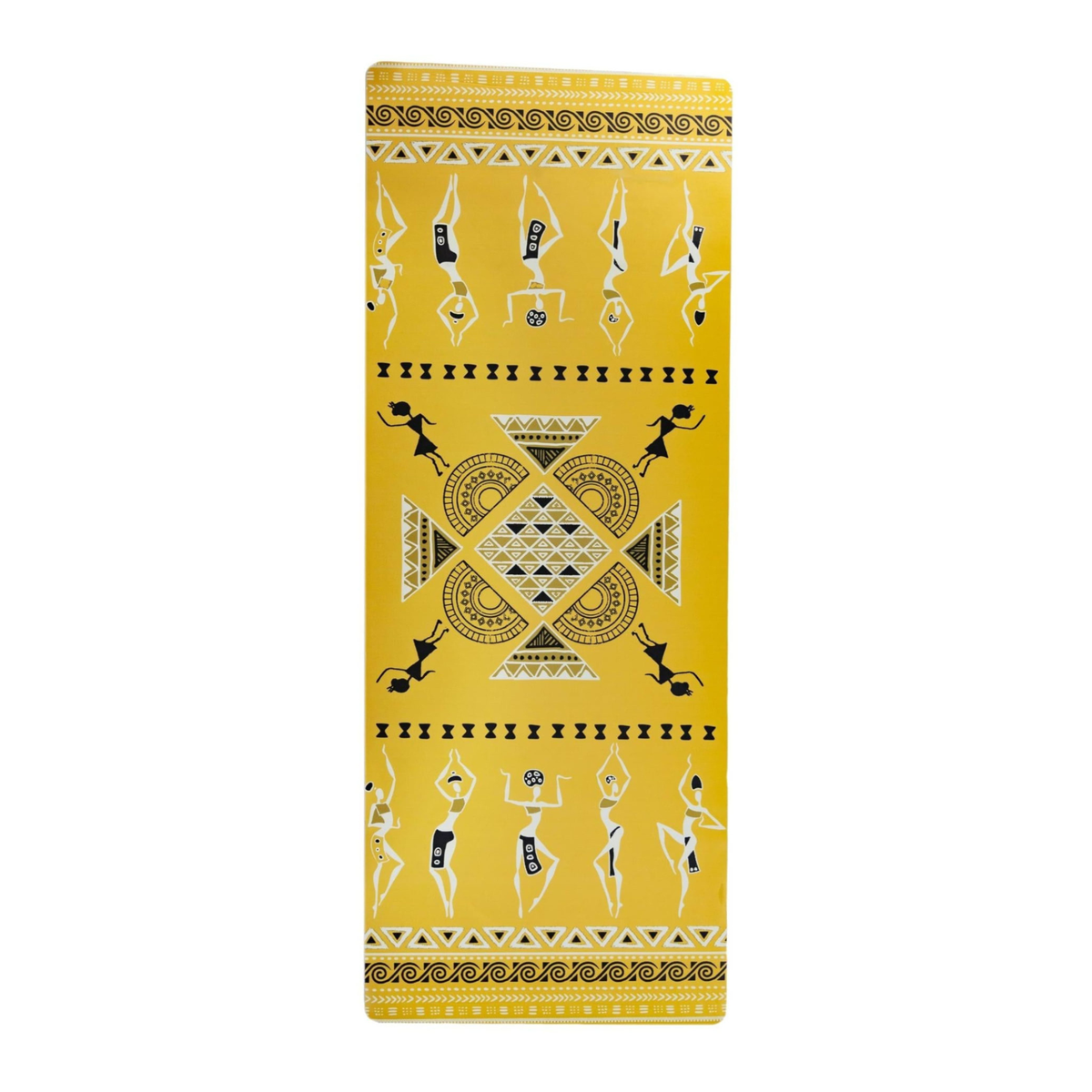Yellow Dancing Ladies yoga mat laid flat with white and black dancing figures and a geometric center motif