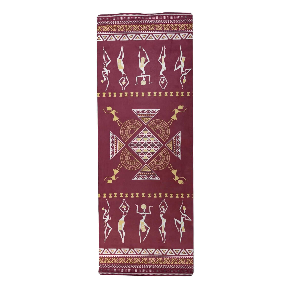 Burgundy Dancing Ladies yoga mat laid flat with white and gold dancing figures and geometric borders