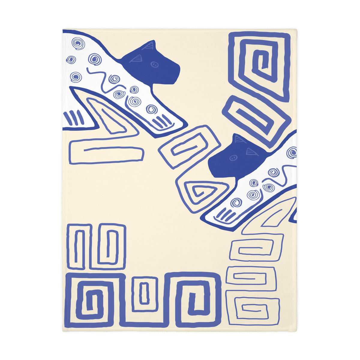 Colombian Dreams blanket laid flat, cream with blue stylized cats and square spiral geometric patterns