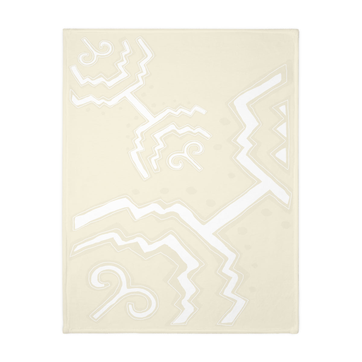 Colombian Dreams blanket back side laid flat, cream with white zigzag and swirl motifs