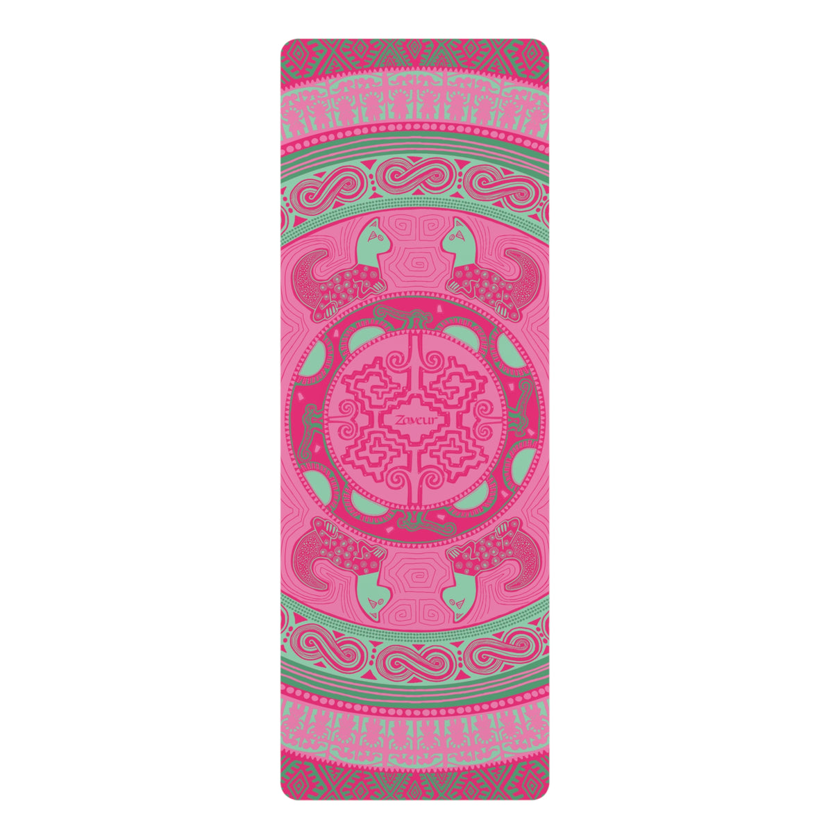 Colombian Dreams pink mandala yoga mat laid flat with mint green accents and a geometric medallion in the center