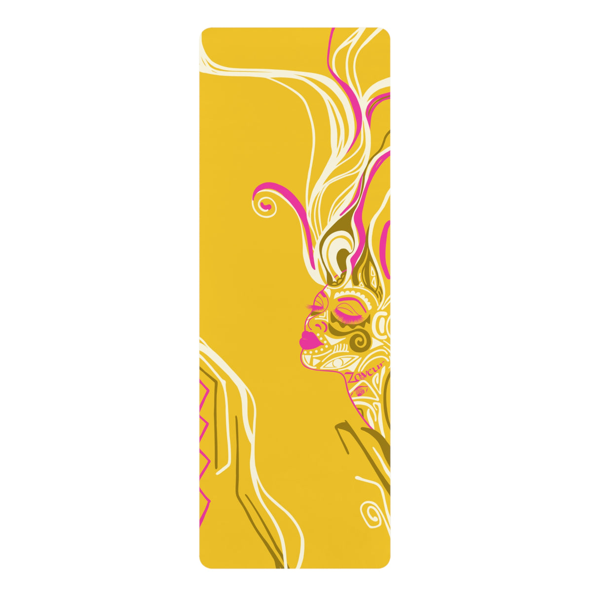 Yellow Queen of Phoenix yoga mat laid flat with pink and cream line-art face profile and flowing hair lines
