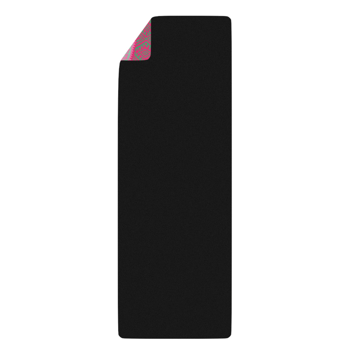 Black back side of the Colombian Dreams pink mandala yoga mat with a folded corner showing the pink and green print