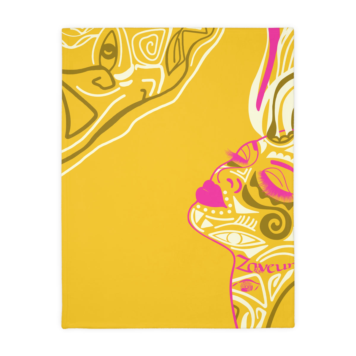 Golden yellow Queen of Phoenix velveteen blanket laid flat, magenta and olive line-art face in profile with eyes closed