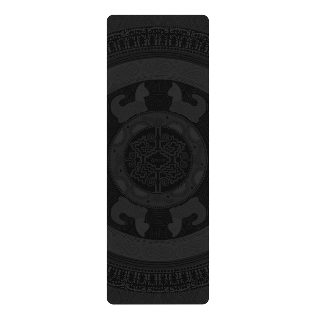 Colombian Dreams black yoga mat laid flat with a tone-on-tone dark mandala pattern and Zaveur logo