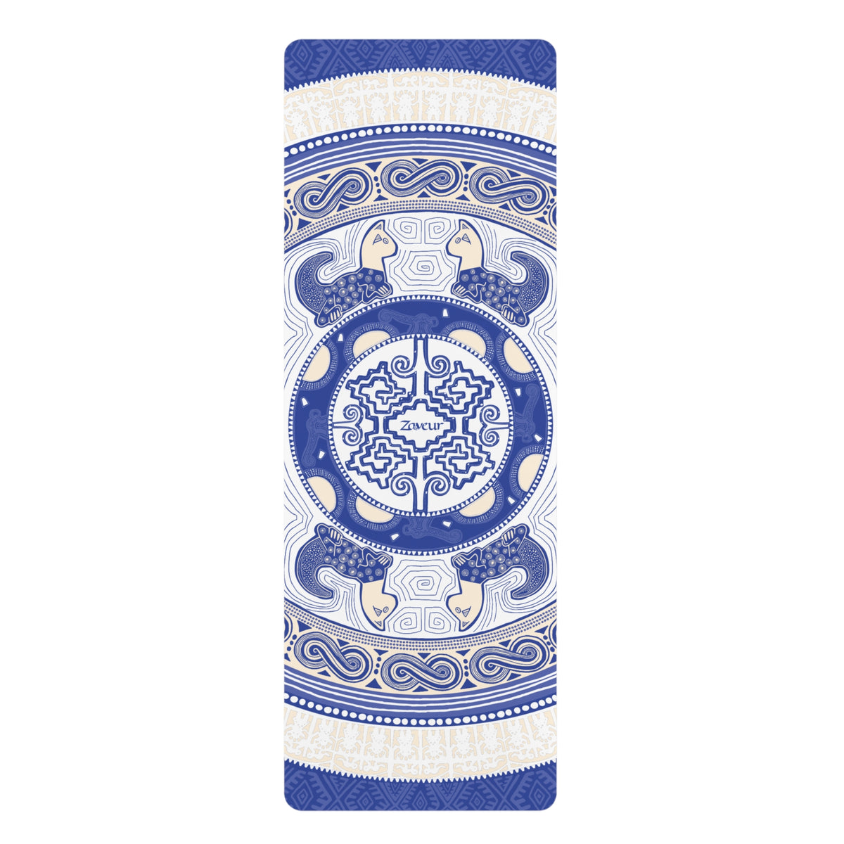 Colombian Dreams yoga mat laid flat, blue and white mandala pattern with cream accents and Zaveur logo