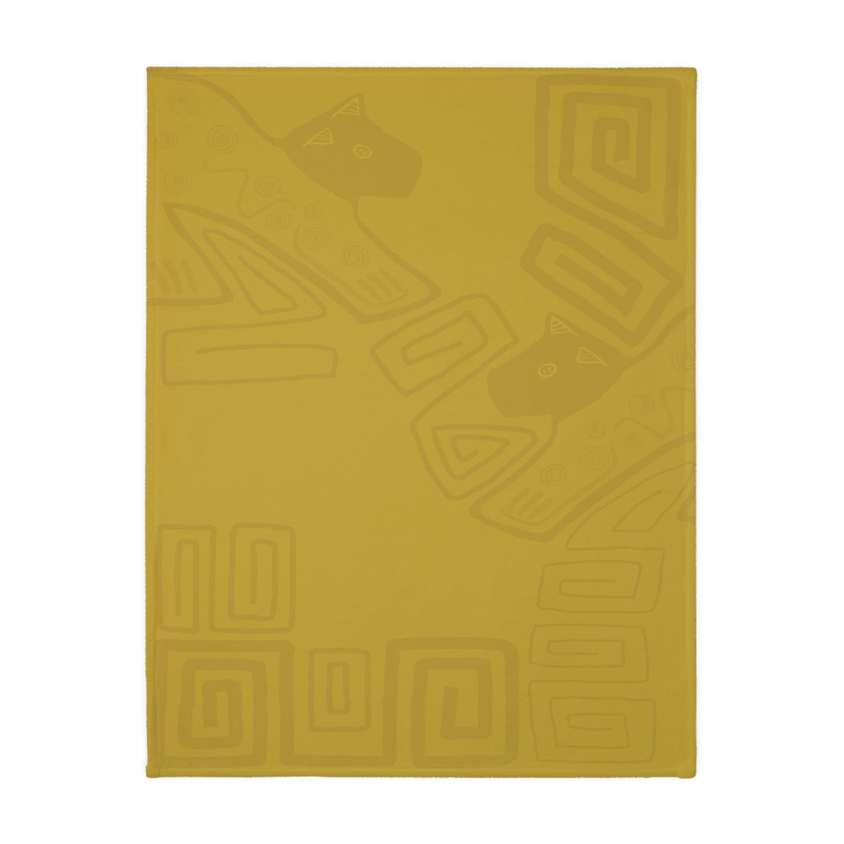 Colombian Dreams blanket back side laid flat, mustard yellow with tone-on-tone line-art cats and spiral squares