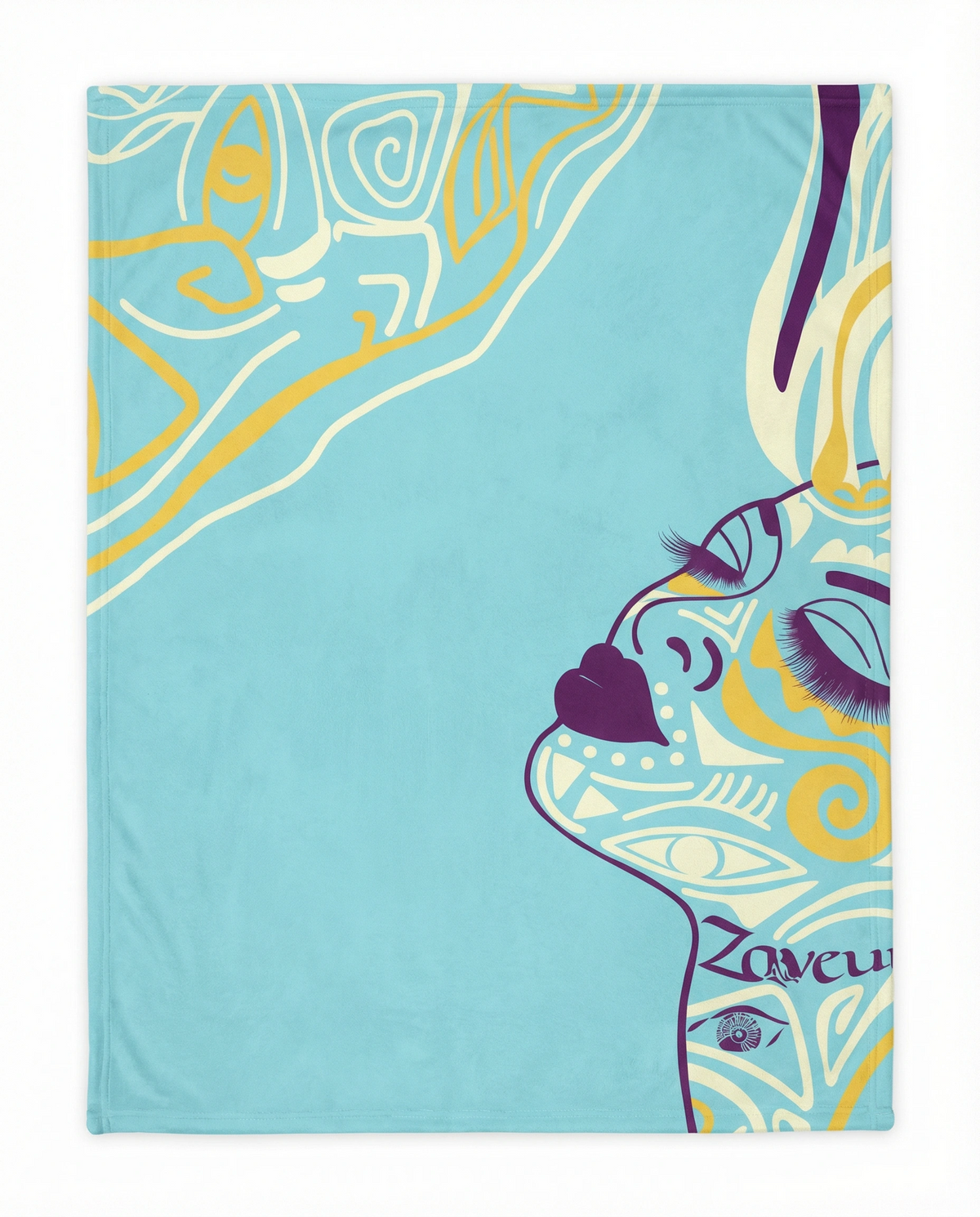 Queen of Phoenix velveteen blanket in aqua with a purple, gold and cream line-art face in profile, laid flat