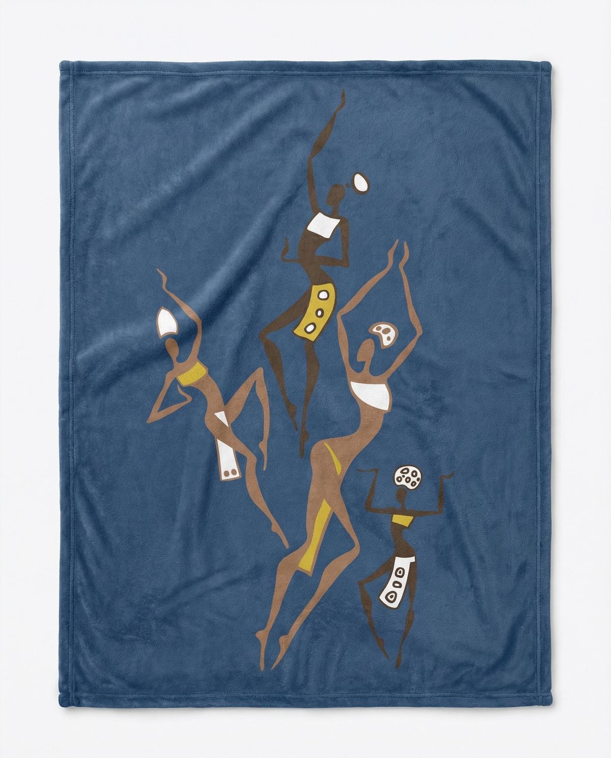 Dancing Ladies velveteen blanket in deep blue, laid flat, with five dancing figures in brown, gold and white