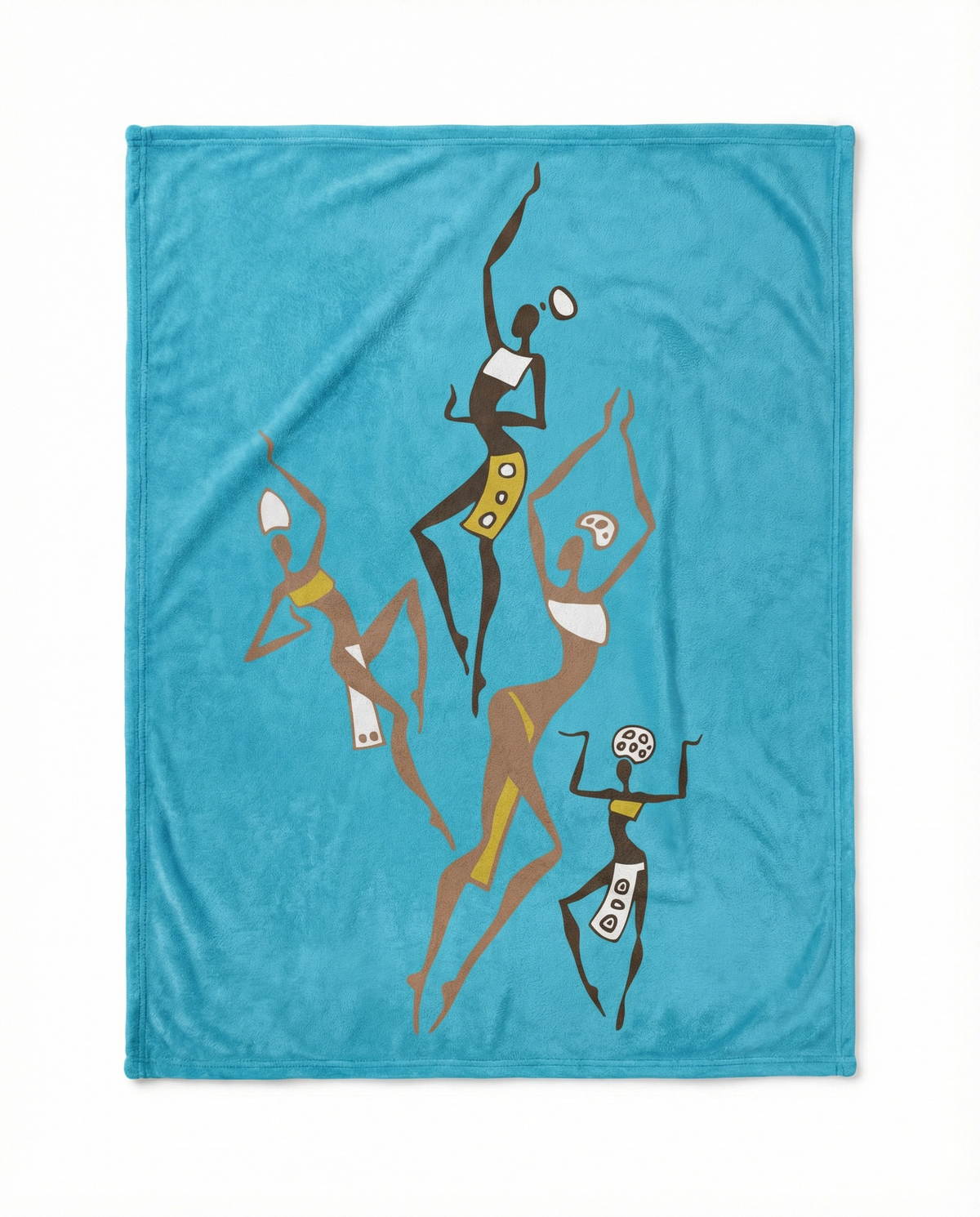 Dancing Ladies velveteen blanket in turquoise, laid flat, with five dancing figures in brown, gold and white