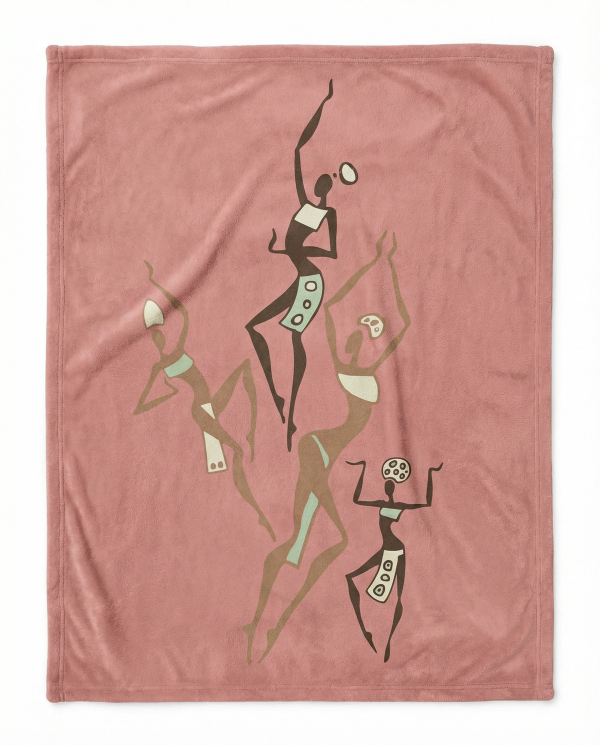 Dancing Ladies velveteen blanket in rose pink, laid flat, with five dancing figures in brown, sage and cream