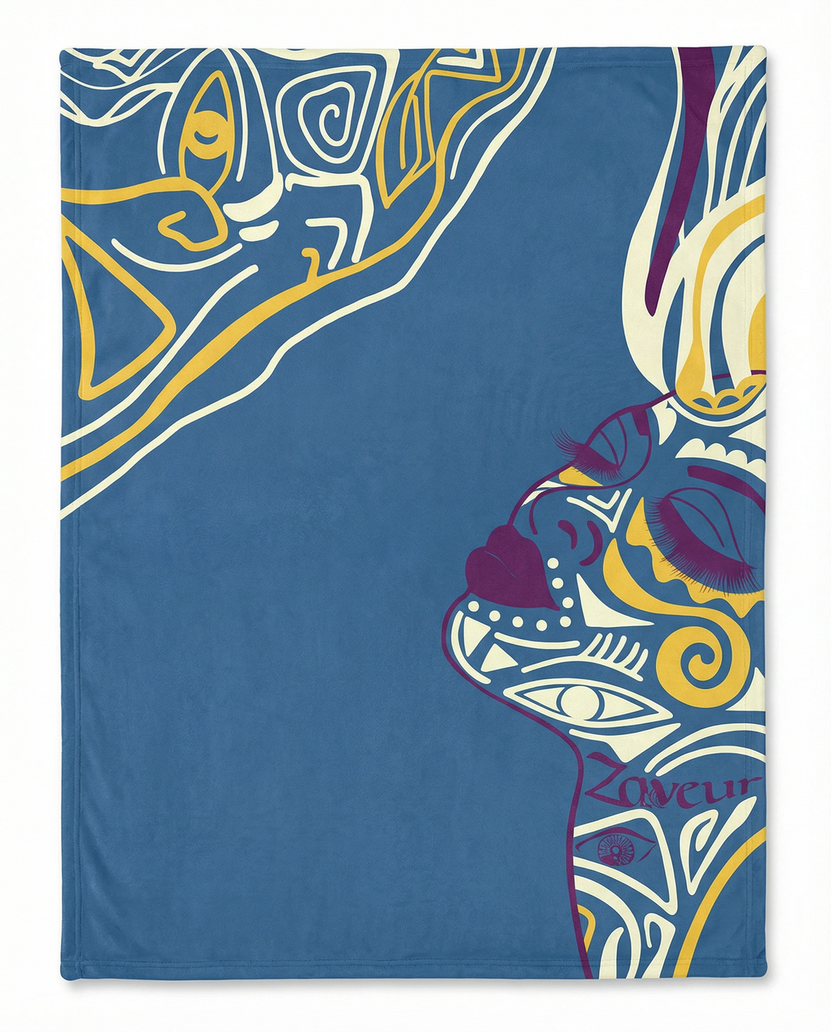 Queen of Phoenix velveteen blanket in blue with a cream, gold and plum line-art face in profile, laid flat
