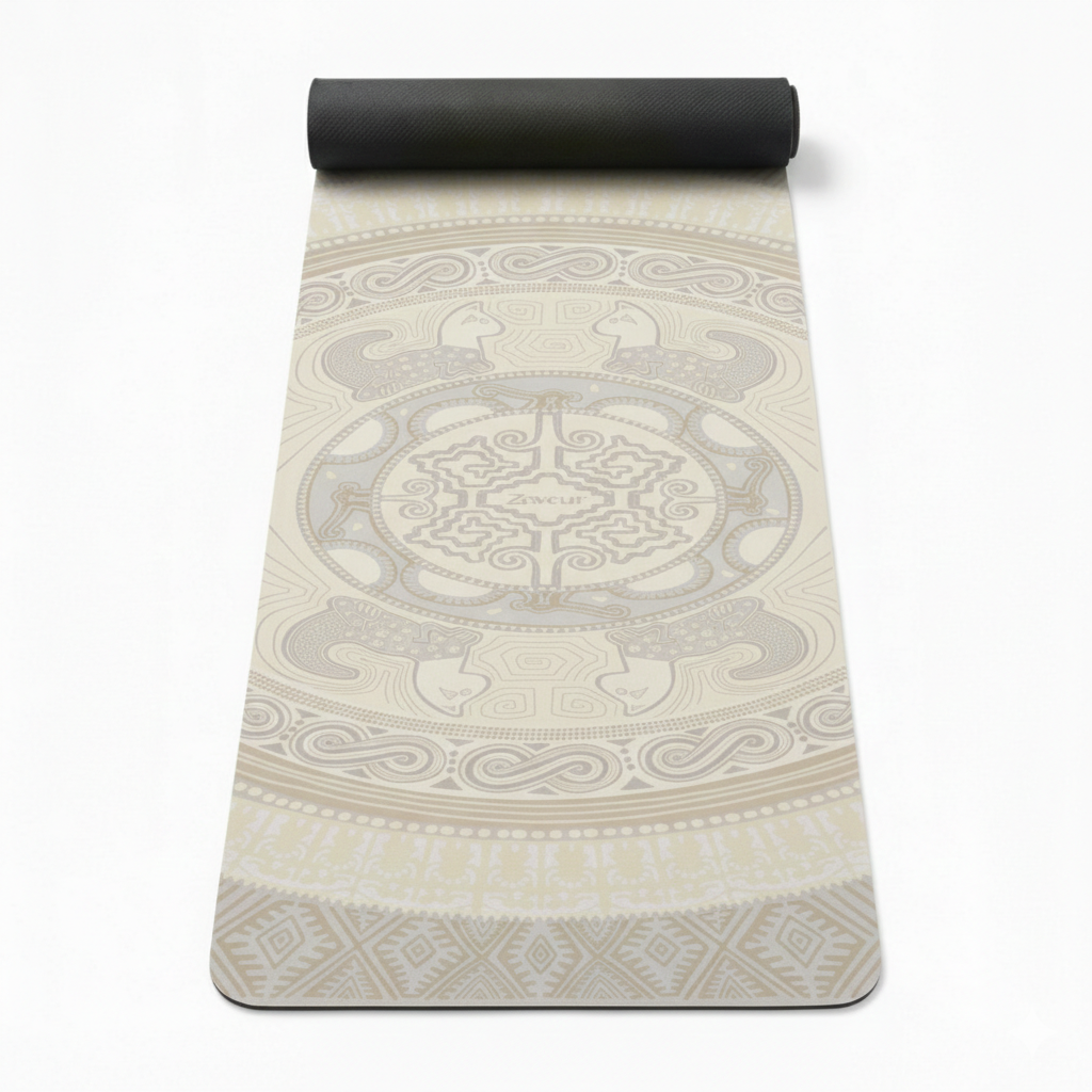 Colombian Dreams yoga mat in beige, partly rolled, tone-on-tone mandala medallion and black underside