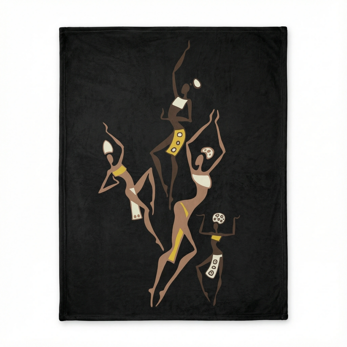 Dancing Ladies velveteen blanket in black, laid flat, with five dancing figures in brown, gold and cream