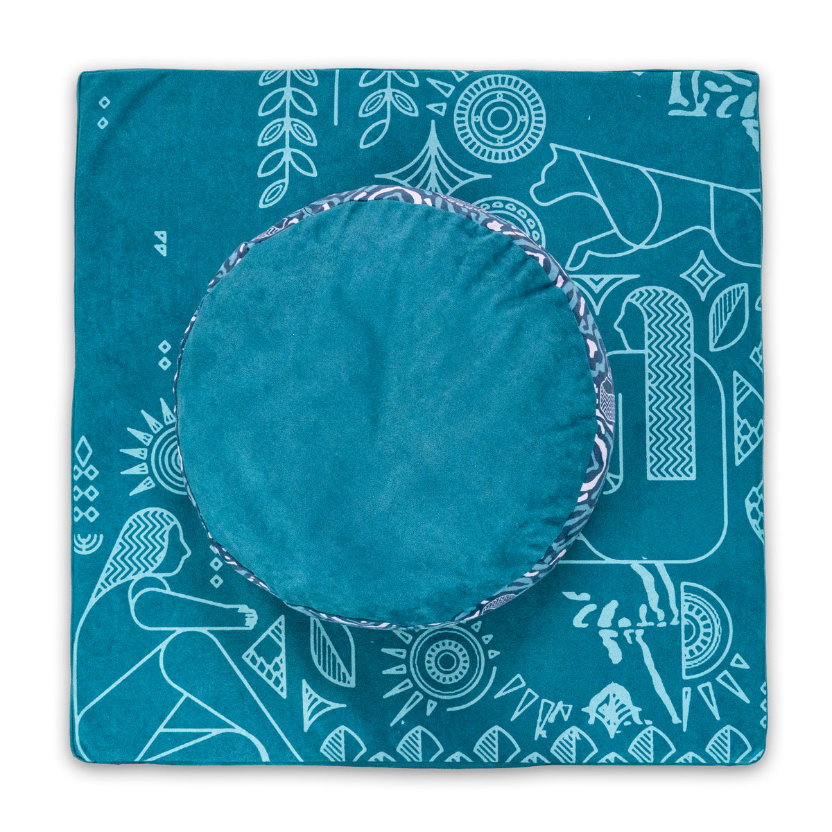 Round teal Royal Court meditation cushion on a square teal mat with light blue line-art figures and animals