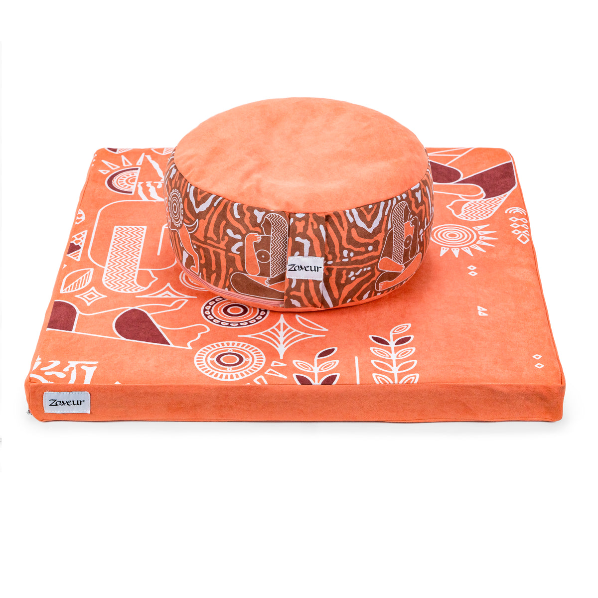 Royal Court orange round meditation cushion on a matching square mat, geometric pattern and Zaveur labels