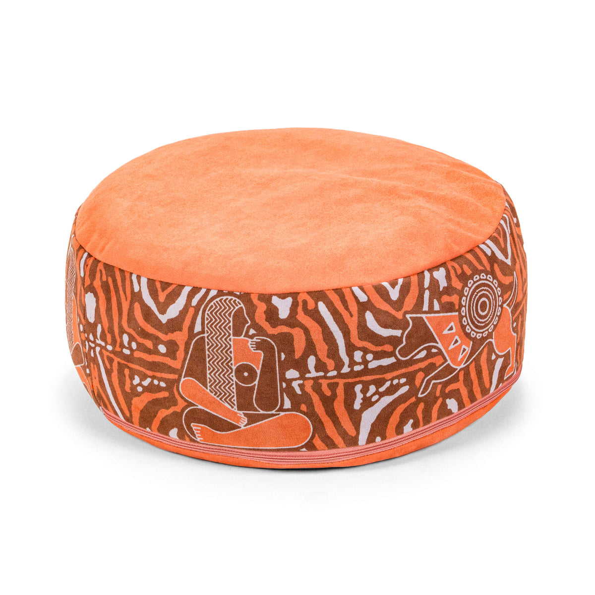 Royal Court meditation cushion in orange with a solid top and brown and white line-art figures around the side